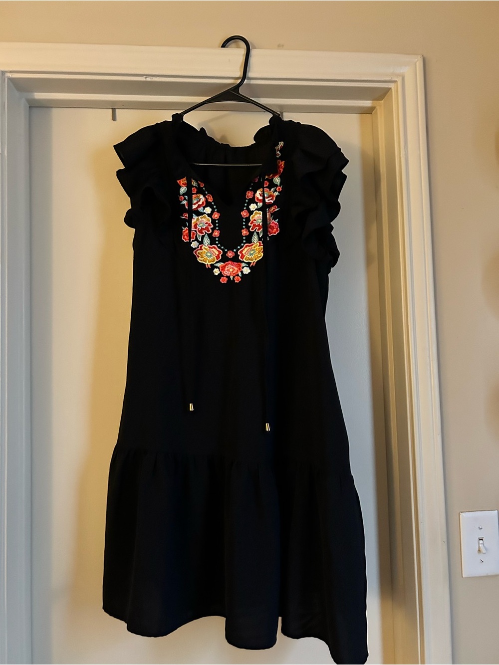 Trendy boutique Black Ruffle Sleeve Dress with Multicolor Embroidery